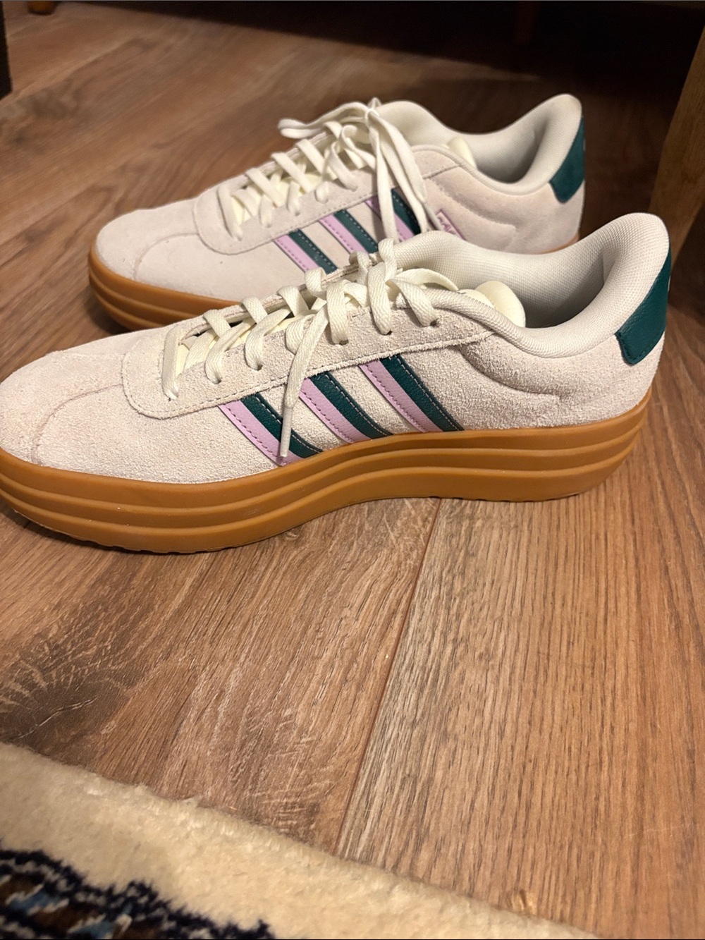 adidas Women's Off-White Suede Sneakers with Pink and Teal Stripes and Gum Sole - Picture 2 of 5